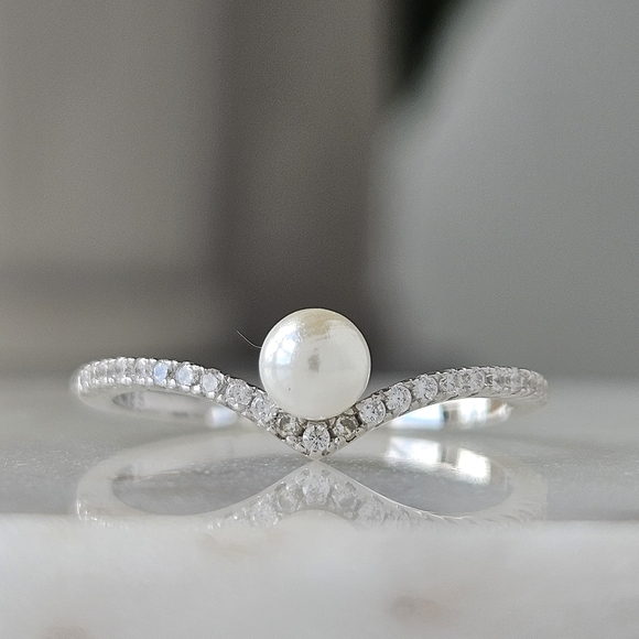 Dainty Pearl Wishbone Ring, 925 Sterling Silver Charmed Aroma - Picture 3 of 5